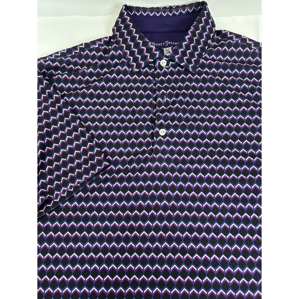 Hickey Freeman Golf Geometric 88% Polyester Purple Polo Collar Shirt Size M